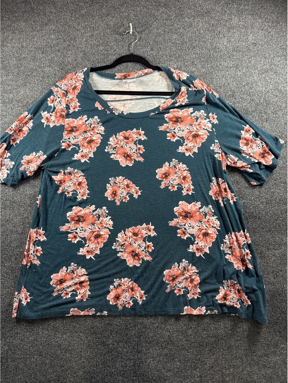 LuLaRoe Women's XL Teal Orange Floral Short Sleeve Crew Neck Shirt Top